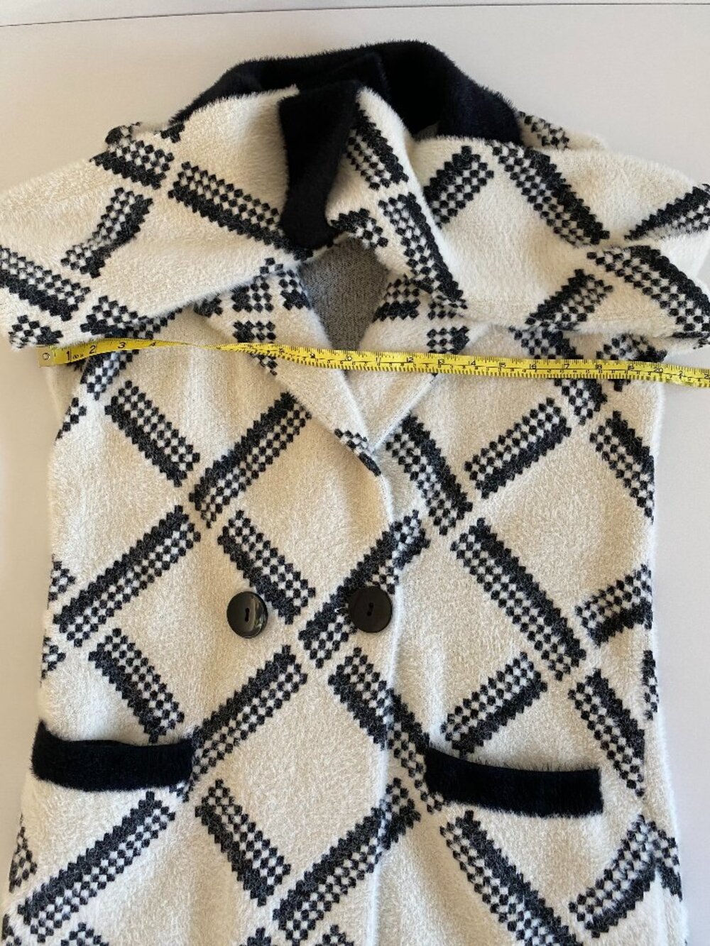 Joseph Ribkoff Windowpane Diamond Longline Coatigan Jacket Black Cream Sz Small - Picture 7 of 10